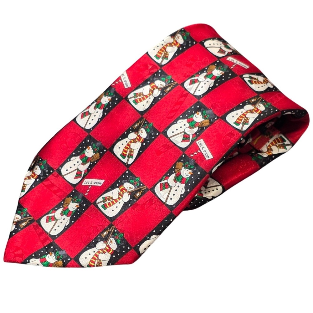 Yule Tie Greetings MMG Hallmark Silk Christmas Tie Red Black Snowman Let It Snow